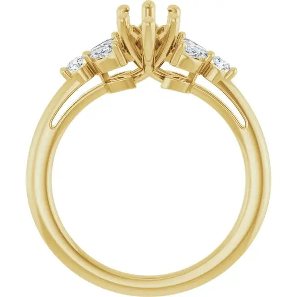 Gold engagement ring setting with marquise-shaped center stone holder and round diamond accents on shoulders.