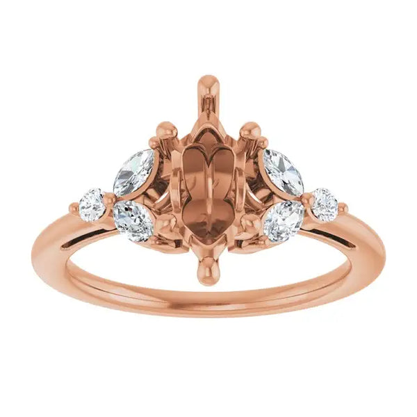 Rose gold engagement ring setting with marquise-shaped center stone and round accent diamonds on band.