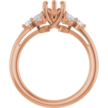 Rose gold engagement ring setting with curved prongs holding pear-shaped stone and two accent diamonds on sides.