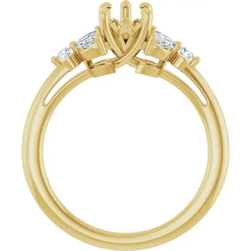 Yellow gold engagement ring setting with crossed prongs and two oval diamond side stones.