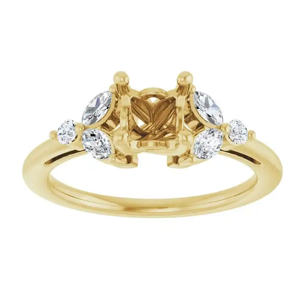 Gold engagement ring setting with square stone center, oval accent stones, and round side stones.