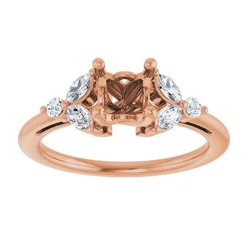 Rose gold engagement ring setting with square center stone mount and round accent diamonds on band.