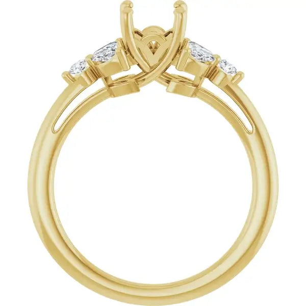 Gold engagement ring setting with crossed prongs for square stone and accent diamonds on sides.