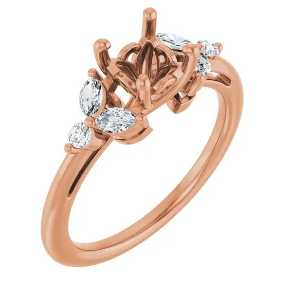 Rose gold engagement ring setting with ornate center gallery and oval-cut diamond accents on shoulders.
