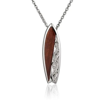 Sterling Silver Koa Wood Filigree Engraved Surfboard Pendant18" Necklace - Larson Jewelers