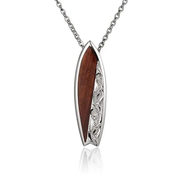 Sterling Silver Koa Wood Filigree Engraved Surfboard Pendant18" Necklace - Larson Jewelers