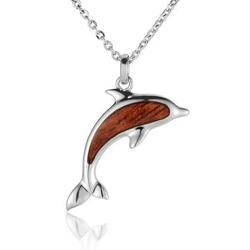 Sterling Silver Koa Wood Jumping Dolphin Pendant18" Necklace - Larson Jewelers