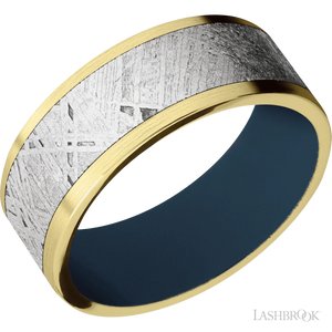 10K Yellow Gold with Satin Finish and Meteorite Inlay and Navy Blue - 8MM - Larson Jewelers