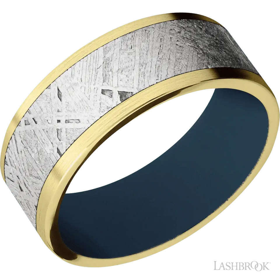 10K Yellow Gold with Satin Finish and Meteorite Inlay and Navy Blue - 8MM - Larson Jewelers