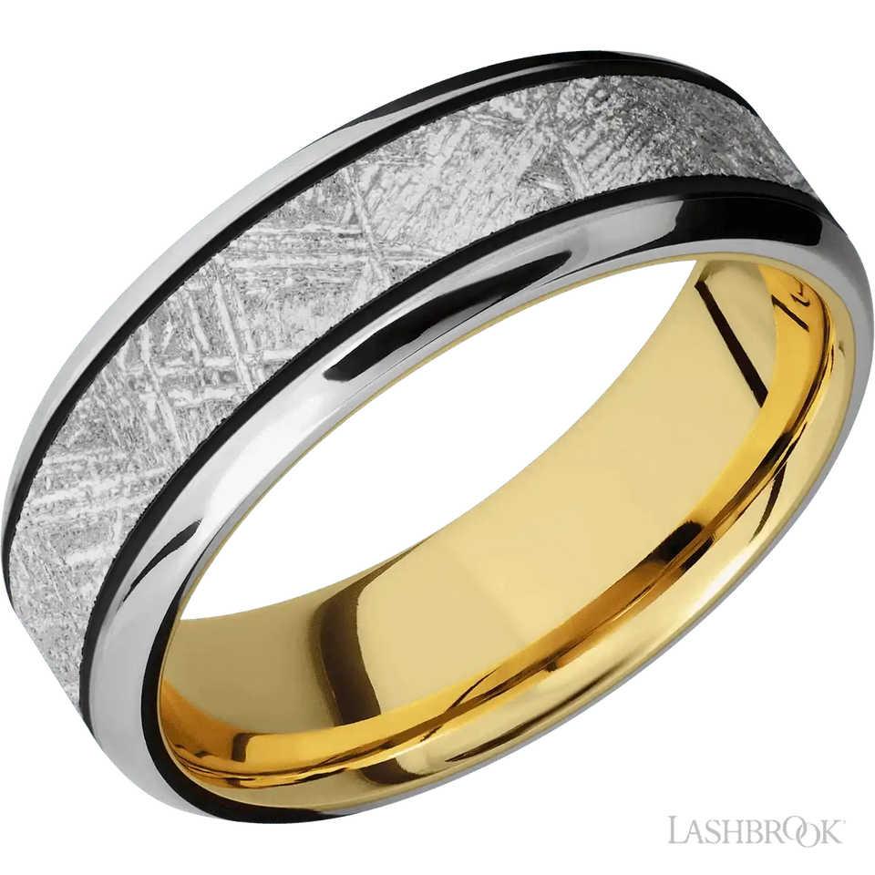 10K White Gold with Satin , Polish Finish and Meteorite Inlay and 10K Yellow Gold - 7MM - Larson Jewelers