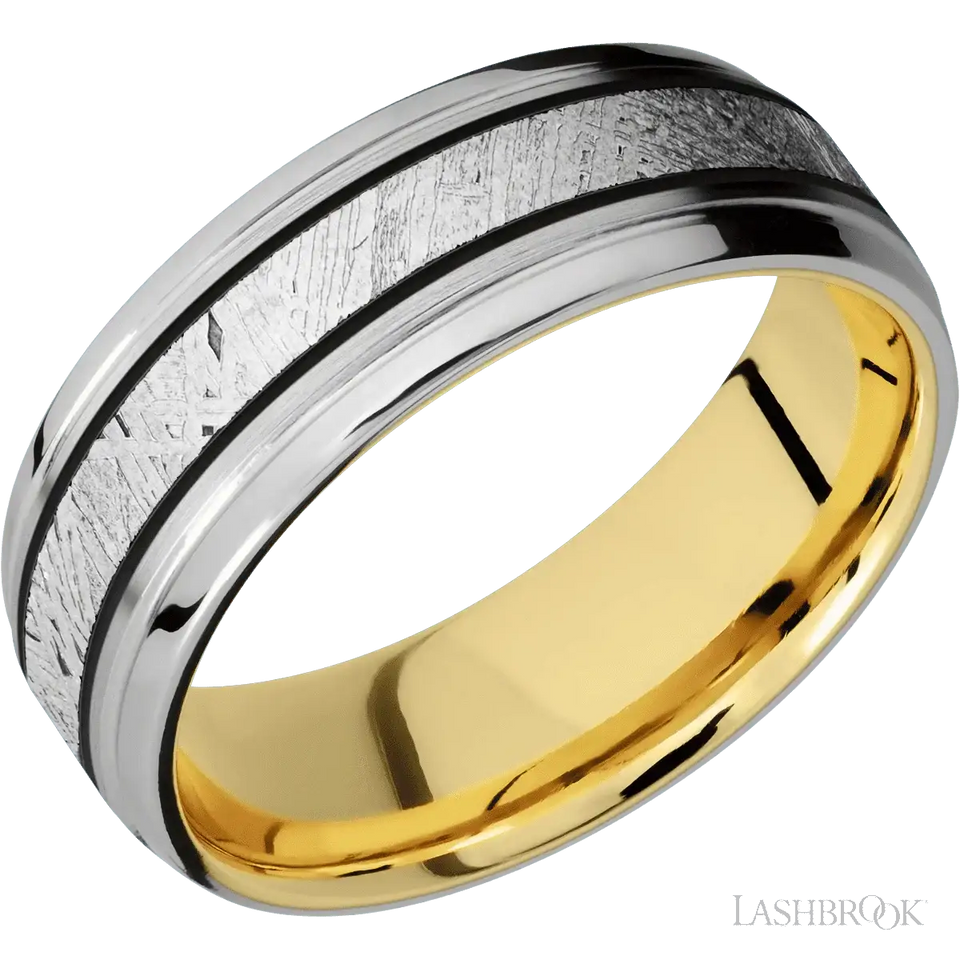 Titanium with Satin , Polish Finish and Meteorite Inlay and 10K Yellow Gold - 7MM - Larson Jewelers