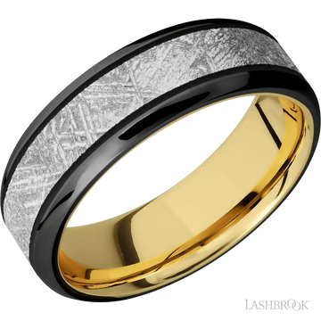 Zirconium with Polish , Polish Finish and Meteorite Inlay and 10K Yellow Gold - 7MM - Larson Jewelers