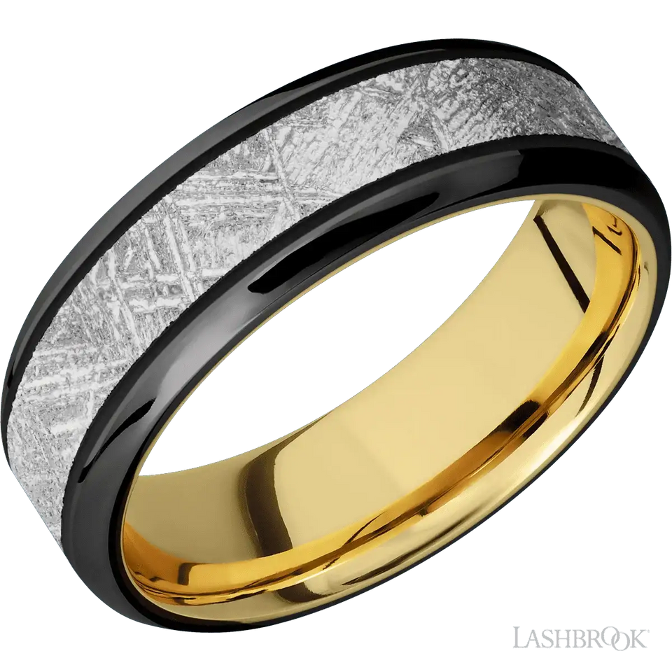 Zirconium with Polish , Polish Finish and Meteorite Inlay and 10K Yellow Gold - 7MM - Larson Jewelers