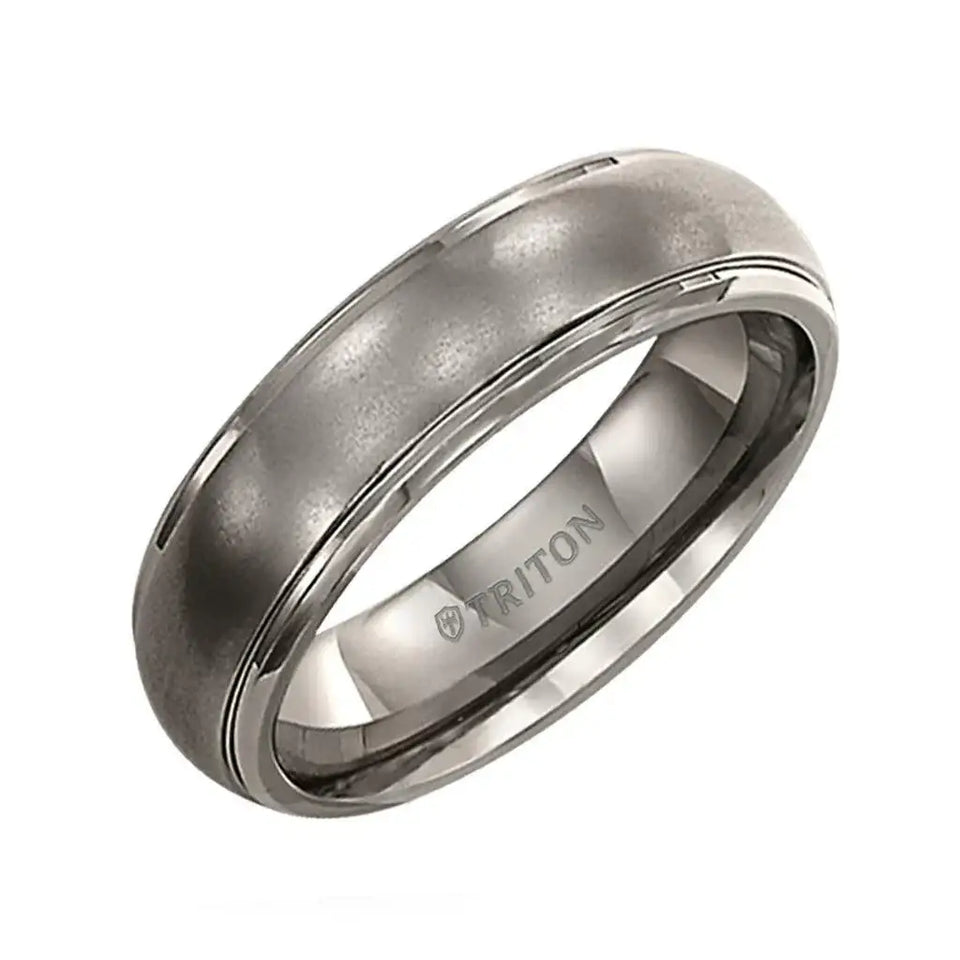 6MM titanium comfort fit ring with domed satin center and step edges, inner band engraved 'TRITON'
