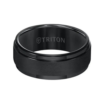 Front view of black tungsten ring showing satin center band and glossy step edges, TRITON interior mark