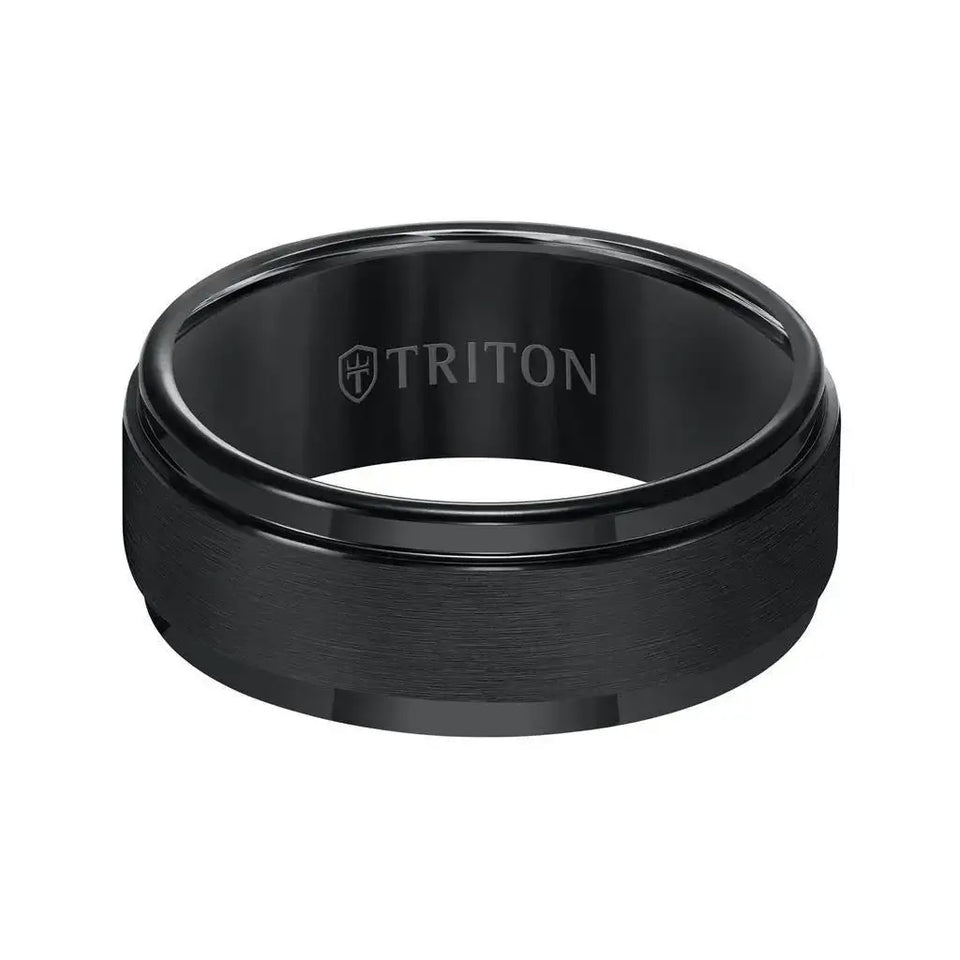 Front view of black tungsten ring showing satin center band and glossy step edges, TRITON interior mark
