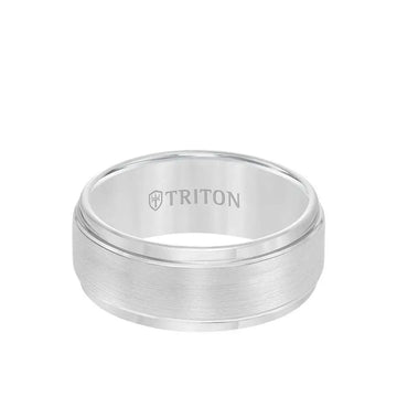 Front flat view of the EDWARD 9mm white tungsten carbide ring showing brushed center and polished step edges with Triton branding inside