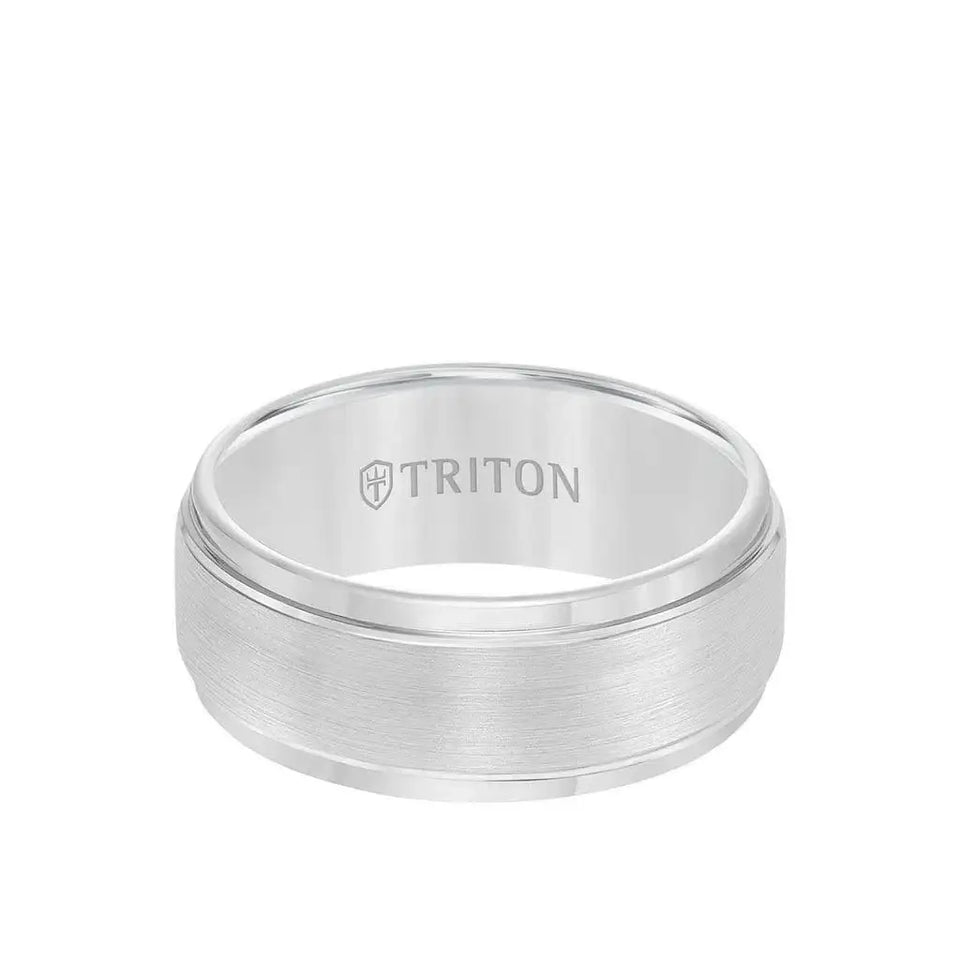 Front flat view of the EDWARD 9mm white tungsten carbide ring showing brushed center and polished step edges with Triton branding inside