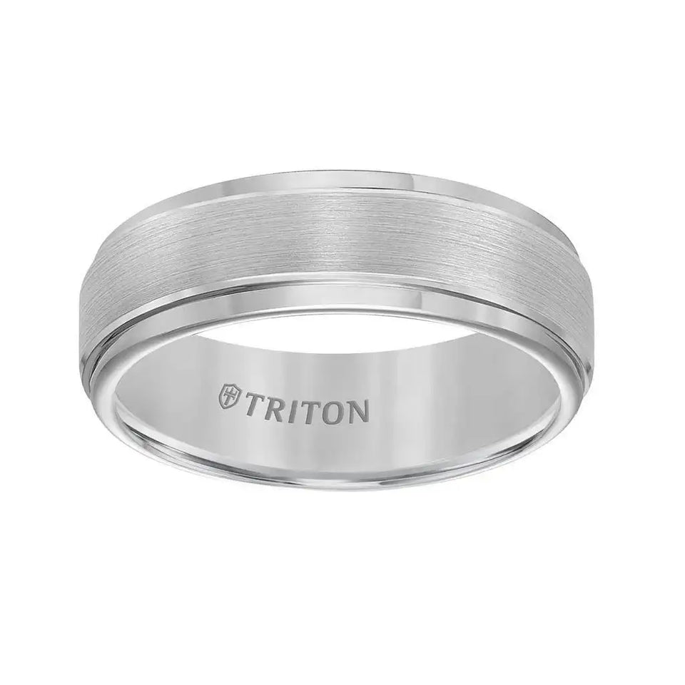 Top view of EDWIN 7 mm tungsten carbide comfort fit ring showing brushed center and polished step edges by Triton