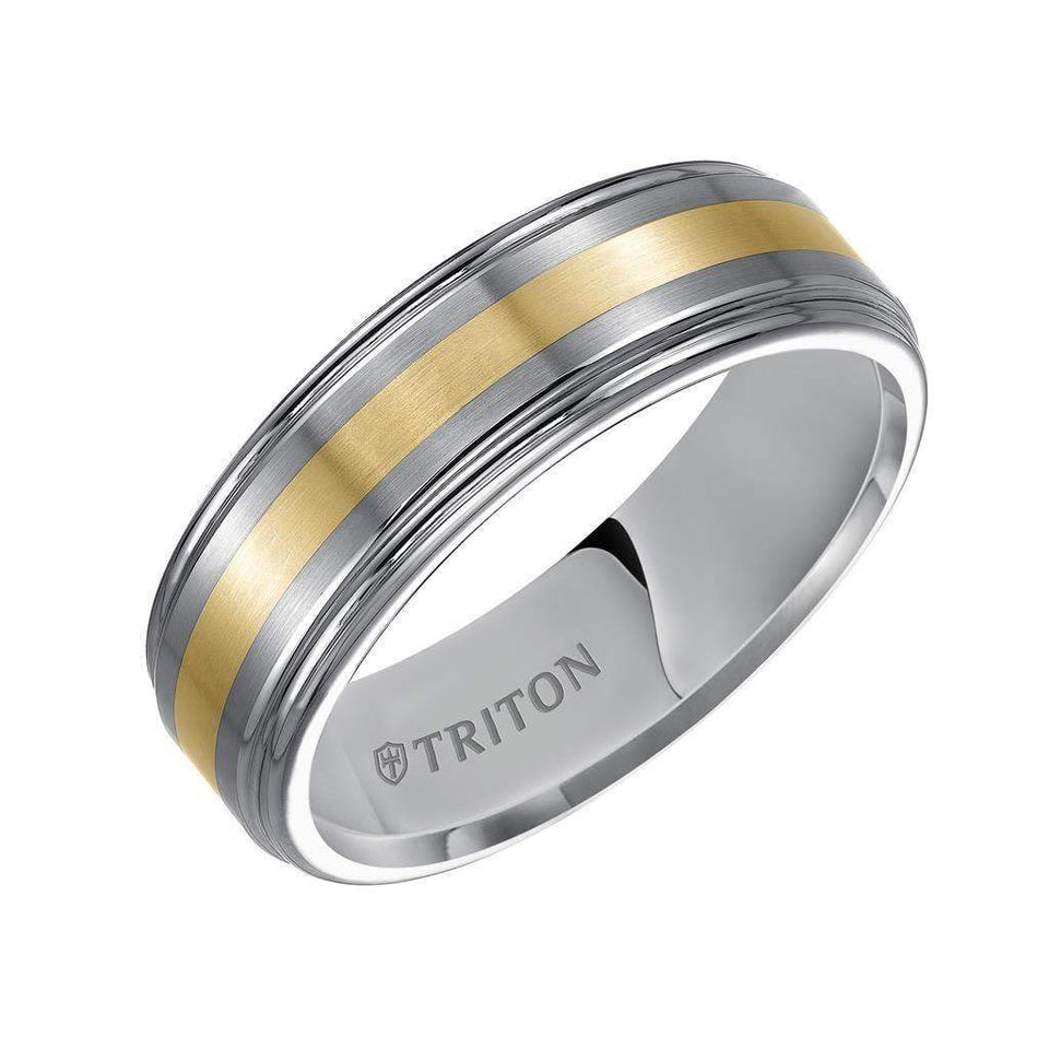 EUGENE Raised Brushed Center Tungsten Carbide Wedding Band with Polished Rounded Rims and 18K Gold Inlay by Triton Rings - 7 mm - Larson Jewelers