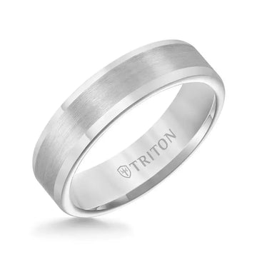 Angled view of the Everett 6 mm flat tungsten carbide wedding band by Triton, featuring a satin-finished center and bright polished rounded edges