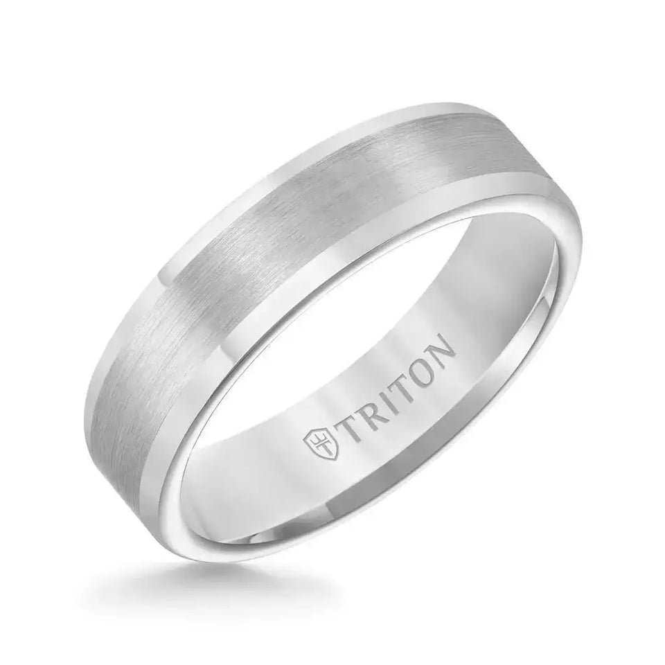 Angled view of the Everett 6 mm flat tungsten carbide wedding band by Triton, featuring a satin-finished center and bright polished rounded edges
