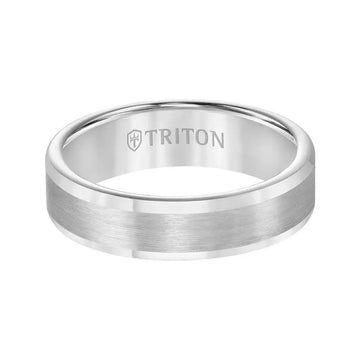 Front view of the Everett 6 mm flat tungsten carbide wedding band by Triton showing the satin center strip and polished edges