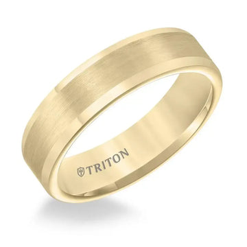 Yellow gold-plated tungsten carbide ring with satin-finished center and polished edges, angled view with TRITON logo inside