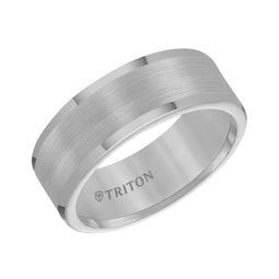 Angled view of an 8 mm flat tungsten carbide wedding band with satin center and polished rounded edges, engraved TRITON logo inside