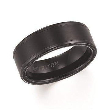 Angled view of the ALDEN flat brushed center black tungsten ring by Triton, 8mm wide