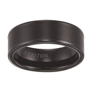 Front view of the ALDEN flat brushed center black tungsten ring by Triton, 8mm wide