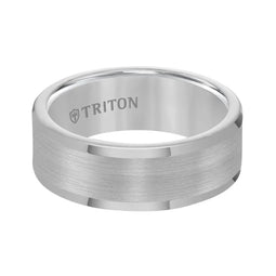 Front view of the 8 mm flat tungsten carbide band showing satin finish center and bright polished rounded edges, TRITON logo inside