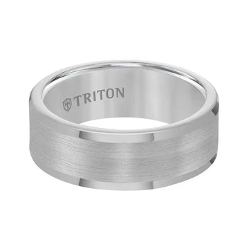 Front view of the 8 mm flat tungsten carbide band showing satin finish center and bright polished rounded edges, TRITON logo inside