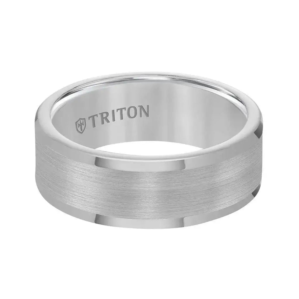 Front view of the 8 mm flat tungsten carbide band showing satin finish center and bright polished rounded edges, TRITON logo inside