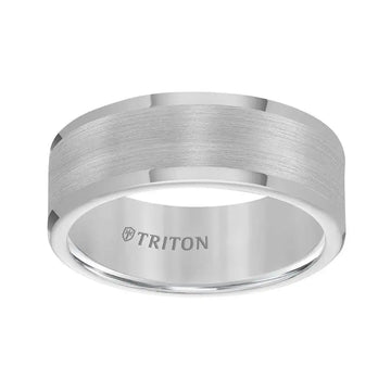 Side view of the 8 mm flat tungsten carbide wedding ring with satin center panel and polished rounded rims, TRITON interior engraving