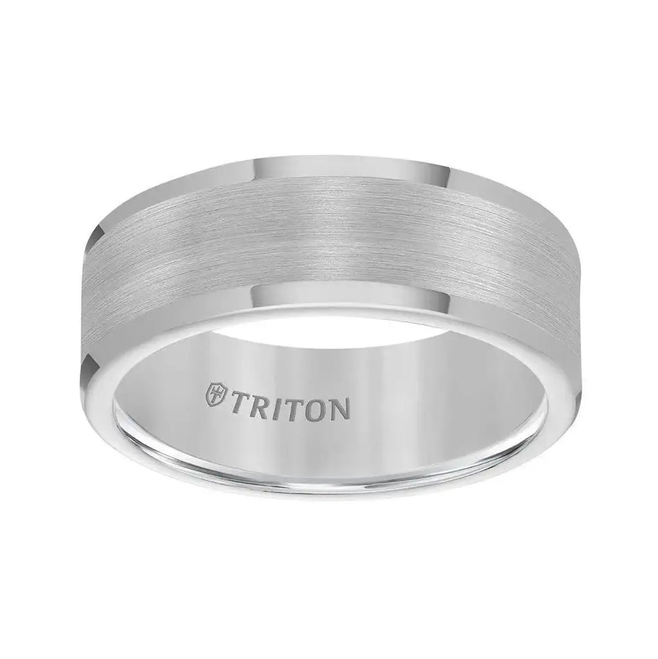 Side view of the 8 mm flat tungsten carbide wedding ring with satin center panel and polished rounded rims, TRITON interior engraving