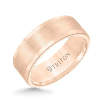 Rose gold-plated tungsten carbide wedding band with satin-finished flat center and polished rounded edges, angled view