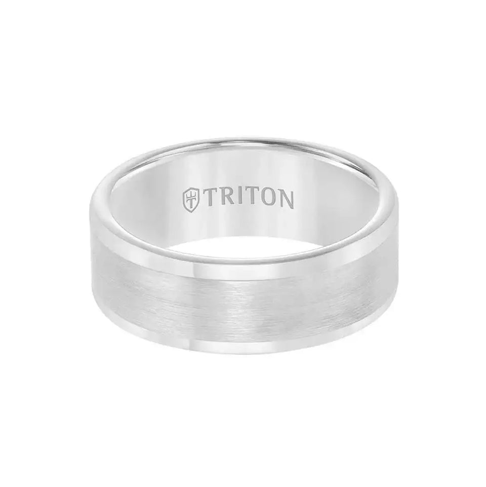 Top view of the ABRAMS flat white tungsten band showing brushed center and shiny beveled edges, 8mm, Triton logo inside