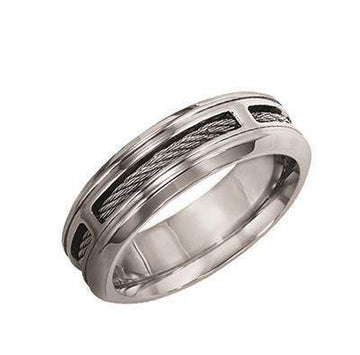 FINLEY Stainless Steel Comfort Fit Wedding Band with Cable Inlay and Beveled Edges by Triton Rings - 7 mm - Larson Jewelers