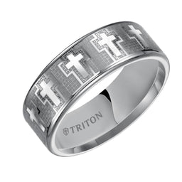 Triton Rings ROMAN Tungsten Wedding Band With Engraved Crosses On Mosaic Background Design 8mm - Larson Jewelers