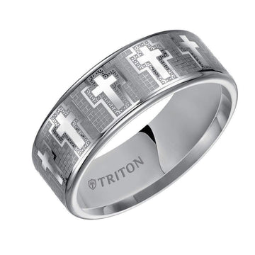 Triton Rings ROMAN Tungsten Wedding Band With Engraved Crosses On Mosaic Background Design 8mm - Larson Jewelers