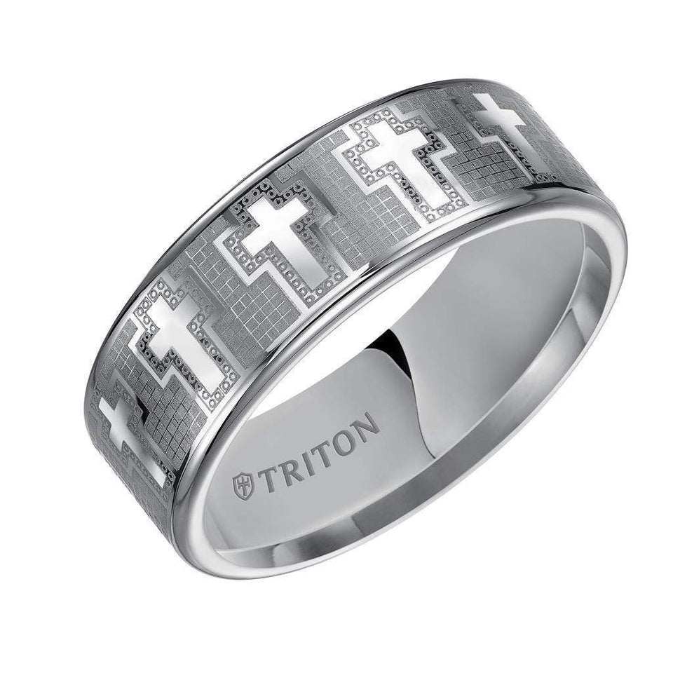 Triton Rings ROMAN Tungsten Wedding Band With Engraved Crosses On Mosaic Background Design 8mm - Larson Jewelers