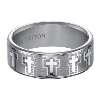 Triton Rings ROMAN Tungsten Wedding Band With Engraved Crosses On Mosaic Background Design 8mm - Larson Jewelers