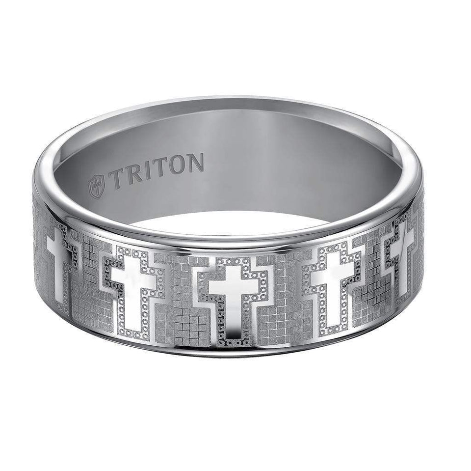 Triton Rings ROMAN Tungsten Wedding Band With Engraved Crosses On Mosaic Background Design 8mm - Larson Jewelers