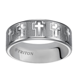 Triton Rings ROMAN Tungsten Wedding Band With Engraved Crosses On Mosaic Background Design 8mm - Larson Jewelers