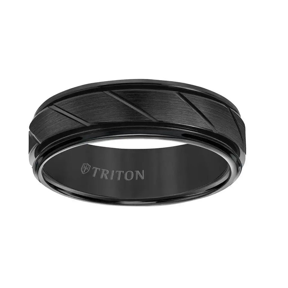 Front view of the black Triton tungsten ring showing diagonal cuts across the satin center and polished edges, 7mm