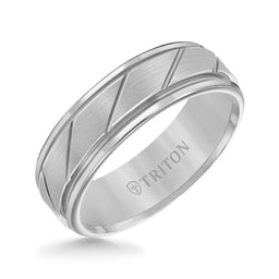 FERGUSON Tungsten Carbide Comfort Fit Ring with Flat Satin Finish Center and Bright Diagonal Cuts with Dual Grooved Rims by Triton Rings - 7 mm - Larson Jewelers