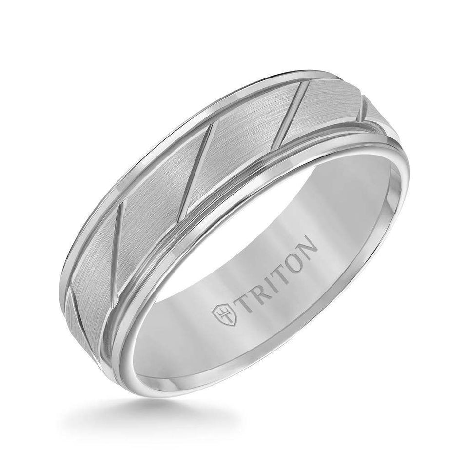 FERGUSON Tungsten Carbide Comfort Fit Ring with Flat Satin Finish Center and Bright Diagonal Cuts with Dual Grooved Rims by Triton Rings - 7 mm - Larson Jewelers