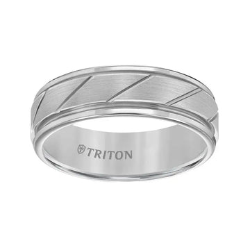 FERGUSON Tungsten Carbide Comfort Fit Ring with Flat Satin Finish Center and Bright Diagonal Cuts with Dual Grooved Rims by Triton Rings - 7 mm - Larson Jewelers