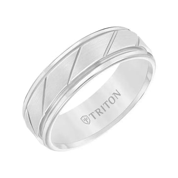 ADLER White Tungsten Ring with Brushed Diagonally Grooved Center by Triton Rings - 7mm - Larson Jewelers